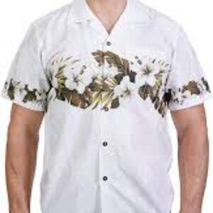 Favant Mens sz S White Green Hawaiian Dress Shirt Buttons Up Cotton Short Sleeve